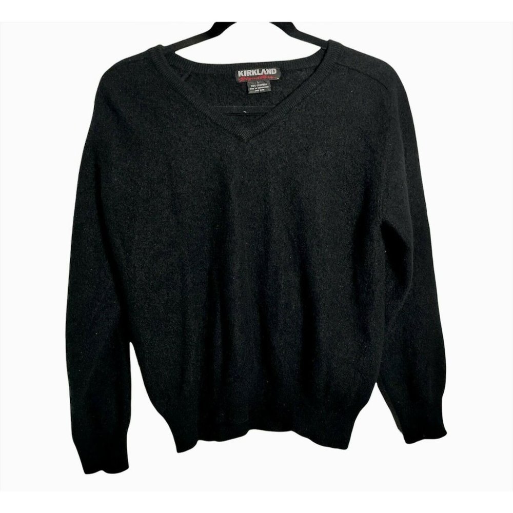 Kirkland Signature Mens Large 100% Cashmere Black V Neck Sweater GUC Warm Soft